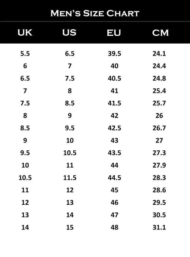 May include: A black and white chart titled "MEN'S SIZE CHART" displays shoe size conversions. Sizes are listed for UK, US, EU, and CM. The chart includes sizes from UK 5.5 to 14, US 6.5 to 15, EU 39.5 to 48, and CM 24.1 to 31.1.