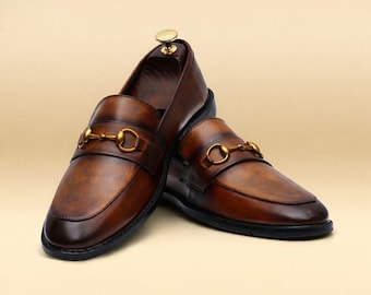 Men’s Handmade Bronze Brown Leather Horsebit Loafers | Slip On Formal Dress Shoes