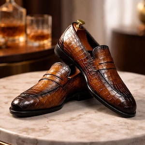 K&ouml;nnte beinhalten: Ein Paar braune Leder-Loafer mit Krokodilleder-Textur. Die Schuhe werden auf einer Marmoroberfl&auml;che pr&auml;sentiert, die ihr aufwendiges Design und ihre Handwerkskunst zeigt. Die Loafer haben einen klassischen, eleganten Stil.