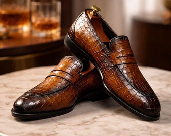Handmade Brown Croc-Embossed Leather Loafers for Men – Luxury Formal & Office Dress Shoes