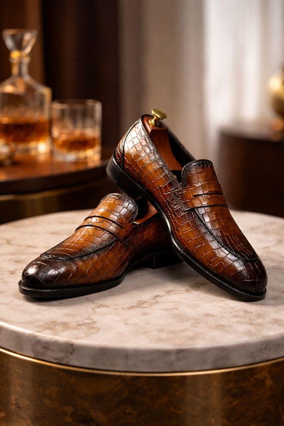 Handmade Brown Croc-Embossed Leather Loafers for Men – Luxury Formal & Office Dress Shoes