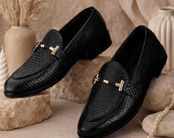 Handmade Black Woven Leather Loafers – Gold Horsebit Slip On Dress Shoes