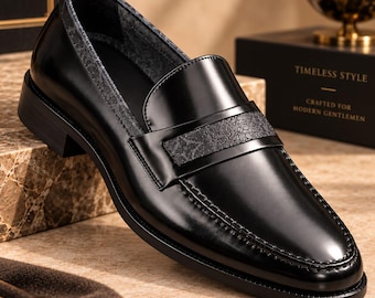 Handmade Black Leather Penny Loafers for Men, Formal Dress Shoes, Wedding Footwear