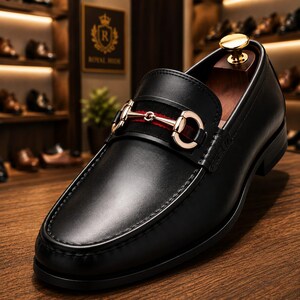 May include: A black leather loafer featuring a gold-toned metal horsebit detail across the vamp. The shoe includes a dark red fabric strap beneath the metal hardware and a wooden shoe tree inserted inside the heel area for structural support.