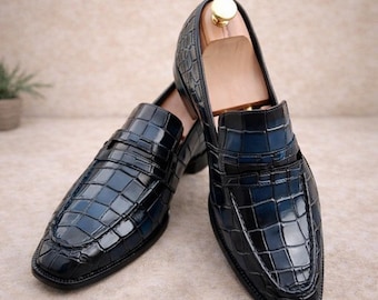 Handmade Men’s Blue Black Croc Embossed Leather Loafers – Luxury Slip On Dress Shoes