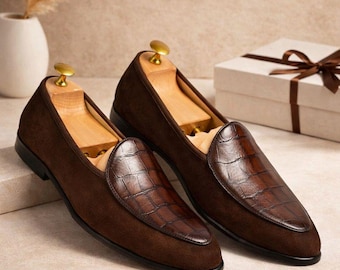 Handmade Men’s Brown Leather Loafers – Alligator Textured Slip-On Dress Shoes