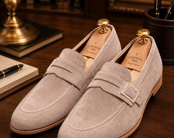 Handmade Suede Monk Strap Loafers, Bespoke Leather Dress Shoes, Italian Style