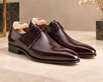 Handmade Burgundy Leather Derby Shoes, Custom Men's Formal Footwear