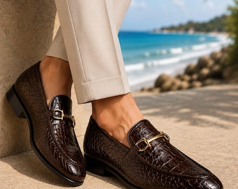 Men's Brown Crocodile Loafers, Handmade Leather Horsebit Dress Shoes
