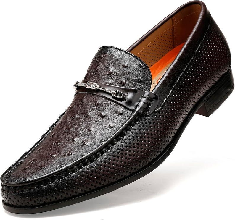 Pu&ograve; includere: Mocassino in pelle marrone con motivo strutturato e puntinato e design traforato. La scarpa presenta una fibbia color argento e una punta affusolata ed elegante. La suola &egrave; nera e la scarpa ha uno stile classico ed elegante.