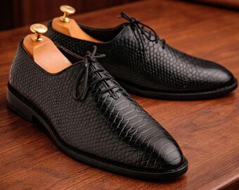 Handmade Men’s Black Python-Embossed Leather Oxford Shoes – Luxury Formal Dress Footwear