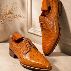 Men's Tan Ostrich Embossed Leather Oxford Dress Shoes, Handmade Bespoke Formal Footwear