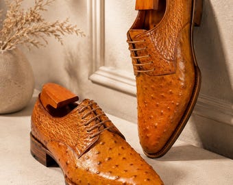 Men's Tan Ostrich Embossed Leather Oxford Dress Shoes, Handmade Bespoke Formal Footwear