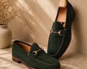 Men's Green Suede Horsebit Loafers, Handmade Leather Dress Shoes, Italian Style Footwear