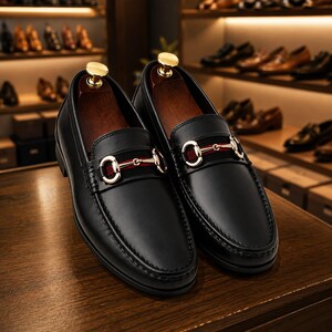 May include: A pair of black leather loafers featuring a gold-tone metal horsebit detail across the vamp. The shoes include a red and green fabric stripe accent beneath the hardware and are fitted with wooden shoe trees inside the heel area.