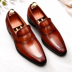 Men's Handmade Brown Leather Loafers – Classic Penny Loafers, Luxury Dress Shoes for Wedding & Office