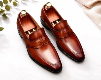Men's Handmade Brown Leather Loafers – Classic Penny Loafers, Luxury Dress Shoes for Wedding & Office