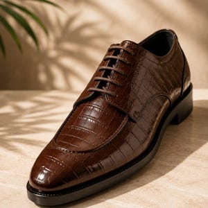 May include: A dark brown lace-up shoe with a glossy finish and a textured crocodile-skin pattern. The shoe features a rounded toe, a structured apron front, matching brown laces, and a solid black sole with a low heel for a classic silhouette.
