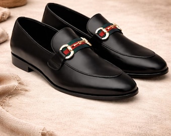 Handmade Black Leather Horsebit Loafers, Men's Luxury Dress Shoes, Formal Wedding Footwear