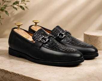 Black Croc Embossed Leather Loafers – Handmade Men's Dress Shoes, Formal Slip On Footwear