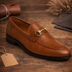 May include: A brown leather loafer with a gold-colored buckle. The shoe has a diamond pattern on the upper and a black sole. The shoe is displayed on a wooden surface.