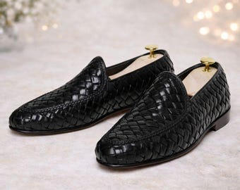 Handmade Men’s Black Woven Leather Loafers – Luxury Slip-On Dress Shoes, Formal & Office Wear