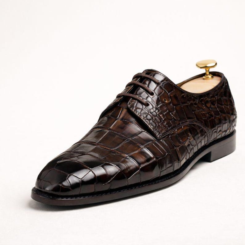 May include: A brown leather dress shoe with a textured, crocodile-like pattern. The shoe has a classic lace-up design and a polished finish. The shoe is a size 10.