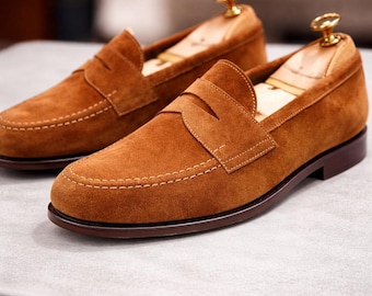 Handcrafted Men's Penny Loafers in Tan Suede – Luxury Dress Shoes