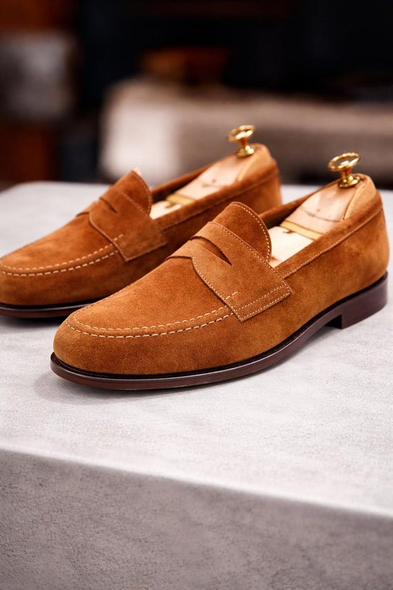 Handcrafted Men's Penny Loafers in Tan Suede – Luxury Dress Shoes