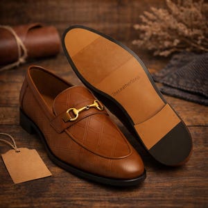 May include: Brown leather loafers with a diamond pattern and gold-colored buckle. The sole is visible, with the text "TheLeatherStep" printed on it. The shoes are displayed on a wooden surface.