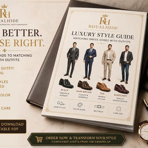 Könnte beinhalten: Ein Royalhide Luxus-Stilratgeber als druckbares A5-PDF mit Illustrationen von Anzügen, kombiniert mit schwarzen, dunkelbraunen, hellbraunen und burgunderroten Anzugschuhen. Der Ratgeber enthält den Text Dress Better. Choose Right. und Luxury Style Guide sowie Symbole für Schuhstile, Gürtel- und Farbratgeber sowie Tipps zur Lederpflege.