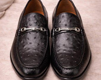 Men’s Black Genuine Leather Loafers – Luxury Ostrich Printed Slip-On Dress Shoes for Wedding & Party