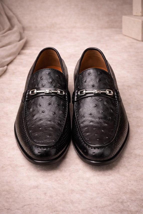 Men’s Black Genuine Leather Loafers – Luxury Ostrich Printed Slip-On Dress Shoes for Wedding & Party