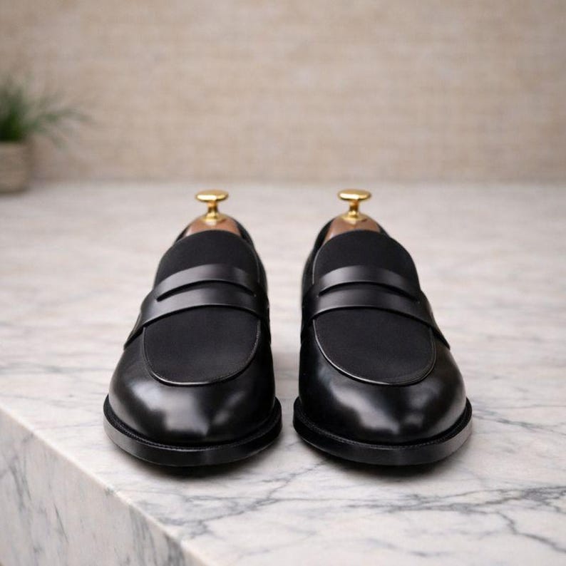 Handmade Men’s Black Leather Loafers – Classic Slip On Dress Shoes, Stylish Office Wear image 5
