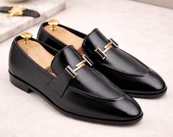 Luxury Handmade Black Leather Horsebit Loafers for Men – Classic Slip On Dress & Formal Shoes