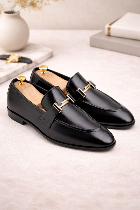 Luxury Handmade Black Leather Horsebit Loafers for Men – Classic Slip On Dress & Formal Shoes