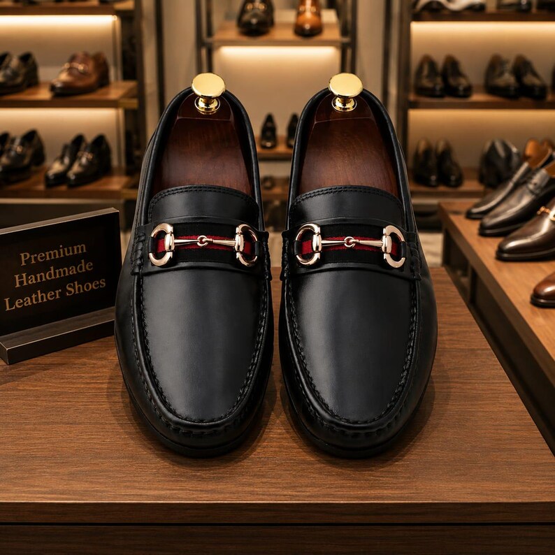 May include: A pair of black leather loafers featuring a gold-tone metal horsebit detail over a red and green fabric stripe across the vamp. The shoes include wooden shoe trees and are displayed next to a sign reading Premium Handmade Leather Shoes.