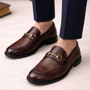 Puede incluir: Mocasines de cuero marr&oacute;n con detalles dorados de adorno de caballo. Los zapatos tienen una parte superior texturizada y una suela negra. La imagen muestra los zapatos desde abajo, destacando su dise&ntilde;o.