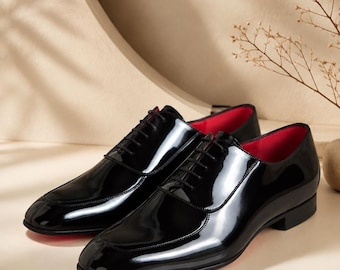Zapatos Oxford de charol negro hechos a mano, calzado formal para hombre, regalo para él.