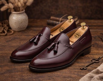 Handmade Burgundy Leather Tassel Loafers – Men's Slip-On Dress Shoes