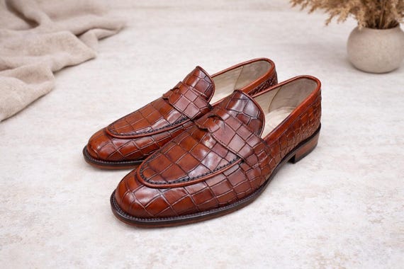 Handmade Brown Crocodile Texture Loafers | Men's Penny Loafer Dress Shoes | Slip-On Footwear