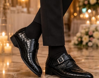 Men's Black Crocodile Embossed Leather Monk Strap Shoes, Handmade Luxury Dress Footwear