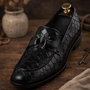 May include: Black leather loafer with a woven pattern and a decorative bee emblem. The shoe features a rounded toe and a low heel. The loafer is a classic style, suitable for formal or casual wear.