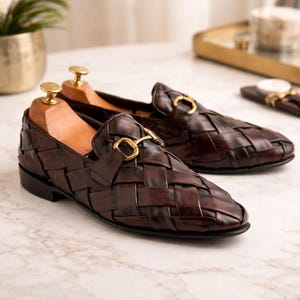 Handmade Men\'s Black Croc-Embossed Leather Slip-On Loafers with Gold Accent 42 Black Croc Vegan Leather Loafers: Handmade Slip-ons - Etsy main image 3