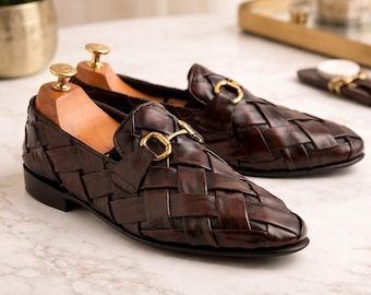 Handmade Men’s Brown Woven Leather Loafers – Italian Horsebit Slip-On Dress Shoes