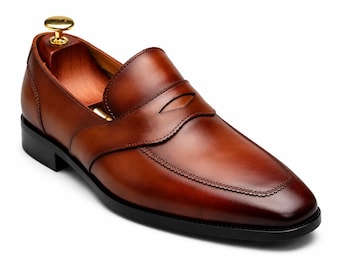Men's Handmade Brown Leather Loafers – Classic Penny Loafers, Luxury Dress Shoes for Wedding & Office