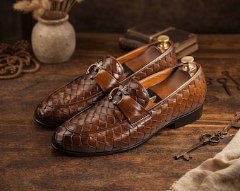 Handmade Men’s Brown Woven Leather Loafers – Luxury Slip-On Dress Shoes, Formal & Office Wear