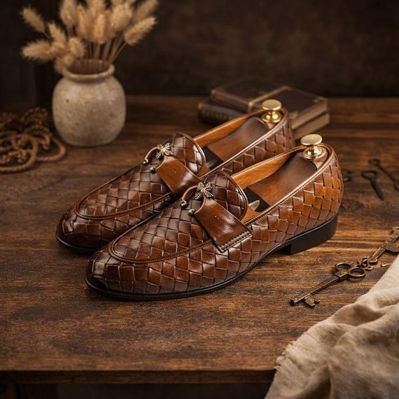 Handmade Men’s Brown Woven Leather Loafers – Luxury Slip-On Dress Shoes, Formal & Office Wear