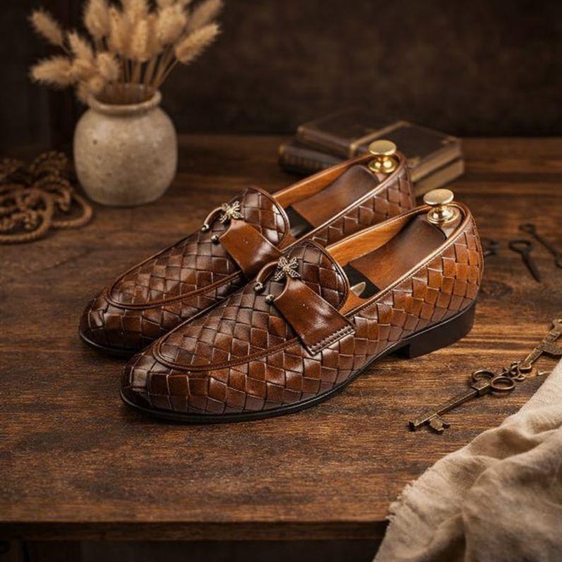 May include: A pair of brown leather loafers with a woven pattern. The shoes have a classic design with a strap across the top and decorative metal accents. The loafers are displayed on a wooden surface.