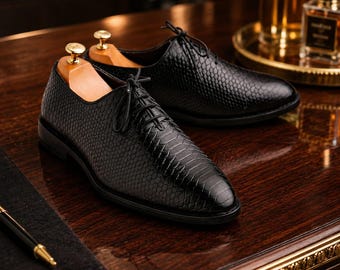 Black Textured Leather Oxford Shoes for Men, Handmade Shoes, Luxury Formal Footwear, Classic Business Shoes, Wedding Shoes, Gift for Him